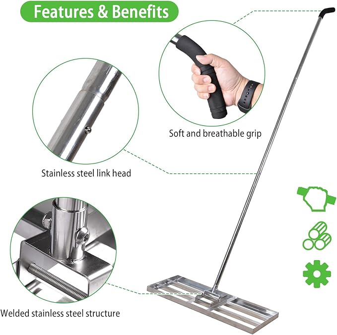 Scalebeard Lawn Leveling Rake-7 FT Level Lawn Tool / Soil Lawn Rake Stainless Steel Leveling Rake Landscape Rake with Handle for Garden Backyard Golf/Lawn(7FT, 30 x 10IN)