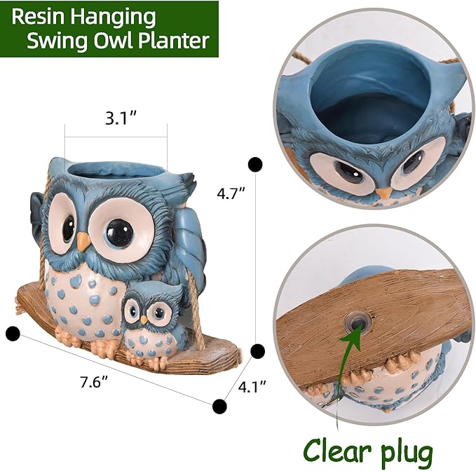 Swing Owl Hanging Planters for Indoor Plants, Cute Small Succulent Pots with Drainage Hole, Unique Resin Plant Hangers Outdoor, Hanging Plant Holder for String Of Pearls, Gift Ideas for Mother