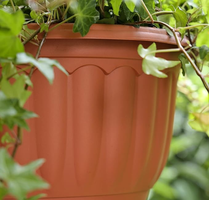 YIKUSH Hanging Planter for Indoor and Outdoor Plants 2 Pack 12 inch Flower Pot Plastic Plant Pot with Drainage Hole and Absorbing Tray(Terracotta)