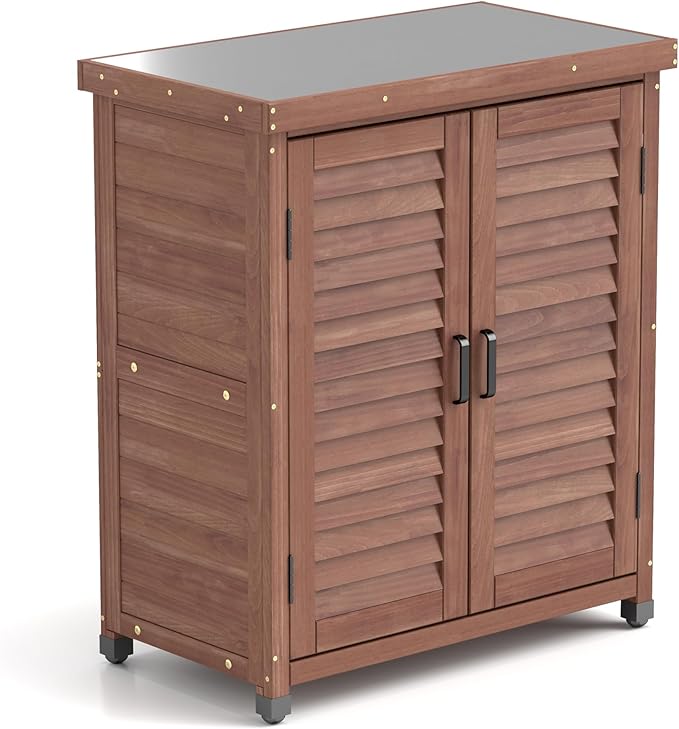 Elegant Brown Solid Wood Potting Bench with Storage Cabinet & Durable Metal Table Top for Outdoor Patio, Perfect Garden Furniture Workstation 31.5x17x36
