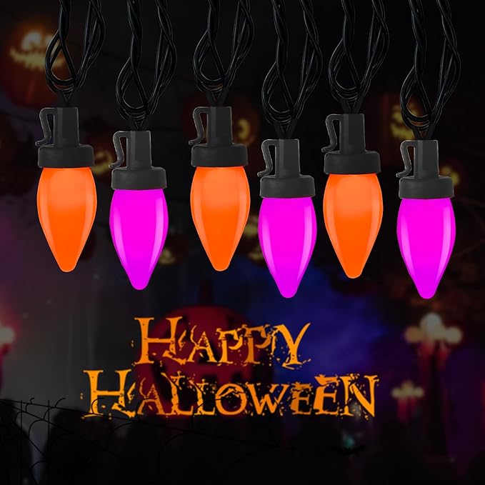 Purple and Orange Christmas Lights, 26FT 50 Count Christmas C7 LED String Lights for Indoor/Outdoor Use, Christmas Decorations for Patio Home Party Garden Yard-Black Wire