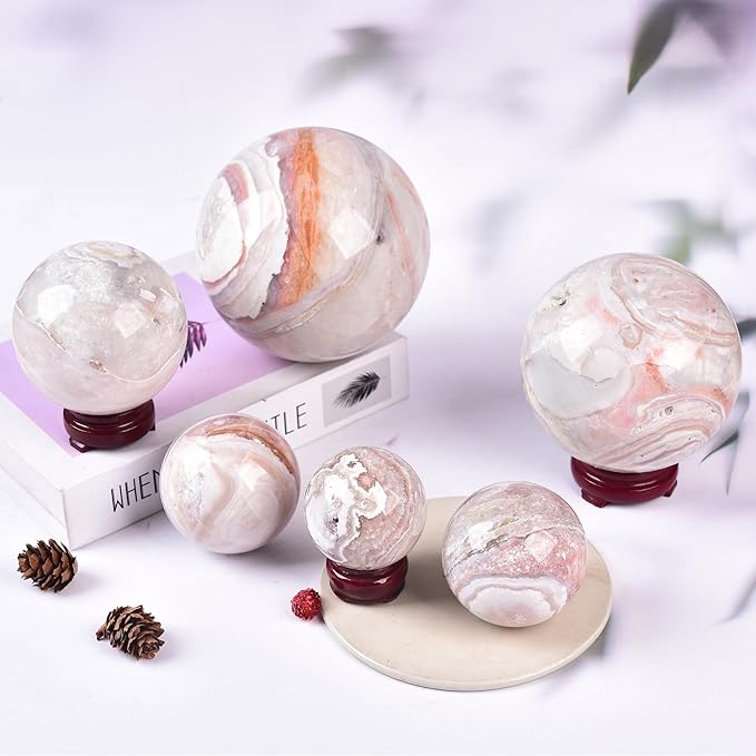 JIC Gem Large Pink Agate Crystal Sphere Ball with Wooden Stand Pink Healing Crystal Decorative Ball 90-100mm
