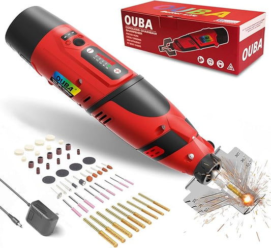 OUBA Cordless Chainsaw Sharpener with 12v Battery, Comes with Electric Chainsaw Sharpener Tool with 54 PCS Sharpener Accessories, Chainsaw Chain Sharpener Kit with Titanium Plated Diamond Bits