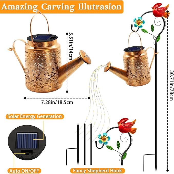 Solar Lights Outdoor Garden Decor, Cardinals Hanging Waterproof Watering Can Lights Outside Decorations for Yard Front Porch Patio Backyard Gift for Mom Grandma Women Birthday (with Shepherd Hook)