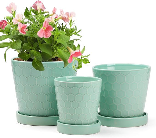 Plant Pot –4”+5”+6” inch Ceramic Pots for Plants with Drainage Holes and Ceramic Tray - Gardening Home Desktop Office Windowsill Decoration Gift Set 3 - (Mint Green)