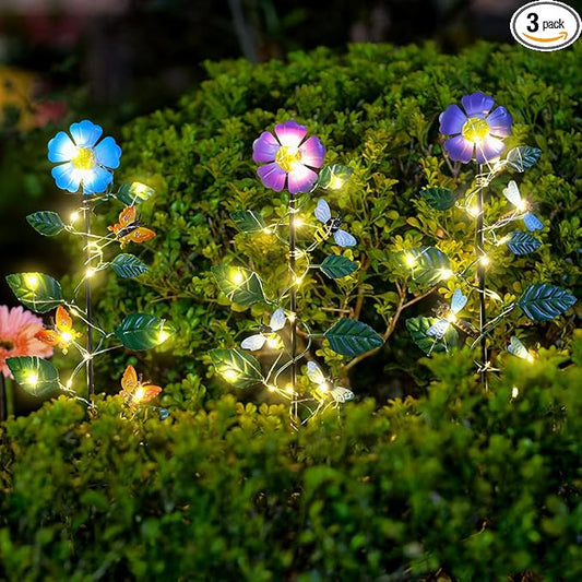 Set of 3 Solar Garden Lights,23'' H Flowers&Insect Decorative Garden Stakes,Waterproof Metal Spring Yard Art Decor,Solar Stake Lights for Outside,Lawn,Yard,Patio