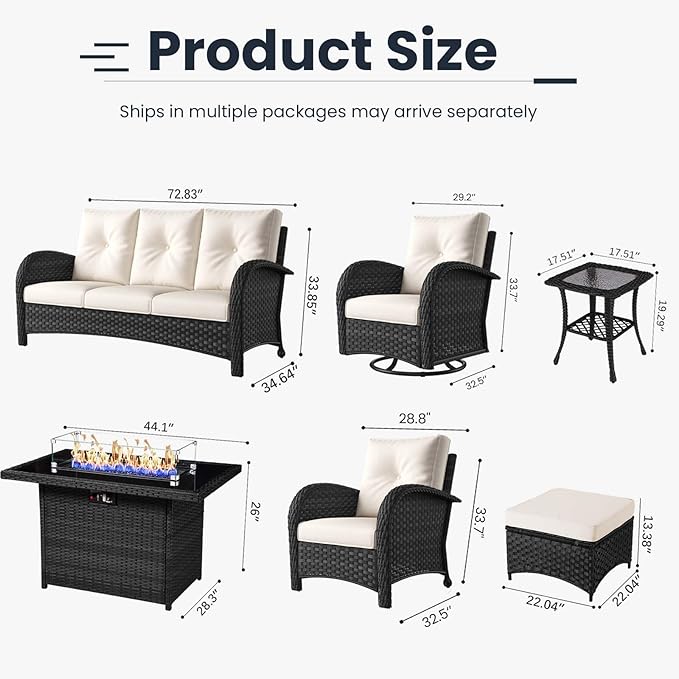 10 Pieces Patio Furniture Sets with Fire Pit Table, Wicker Rattan High Back Outdoor Swivel Rocking Chairs Set with 3-Seat Couch, Ottomans and Side Table