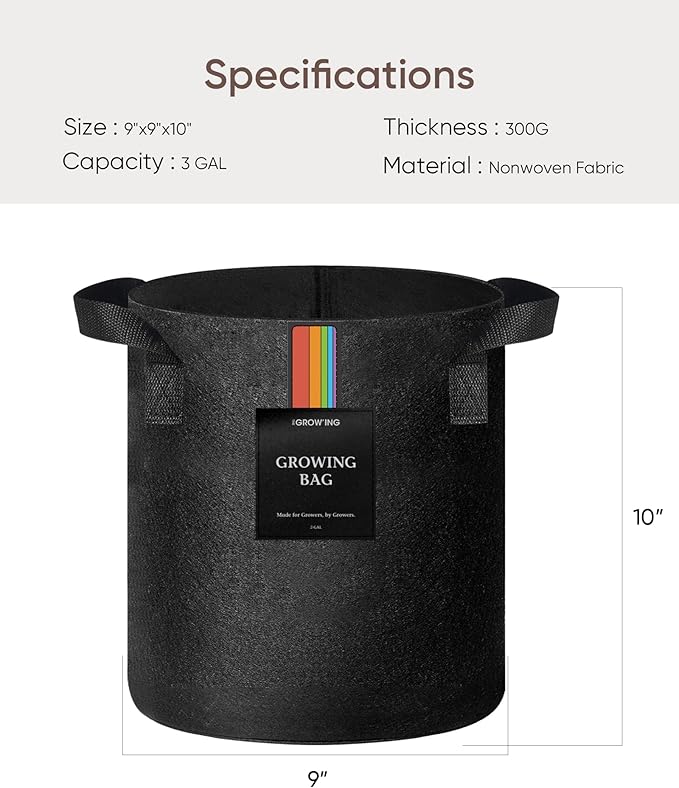 The Growing 5 Pack 3 Gallon Fabric Grow Bags,Thickened Aeration Nonwoven Fabric Plant Pots with Durable Handles,Heavy Duty 300G Planter Pot for Tomato, Fruits, Vegetables and Flowers, Black