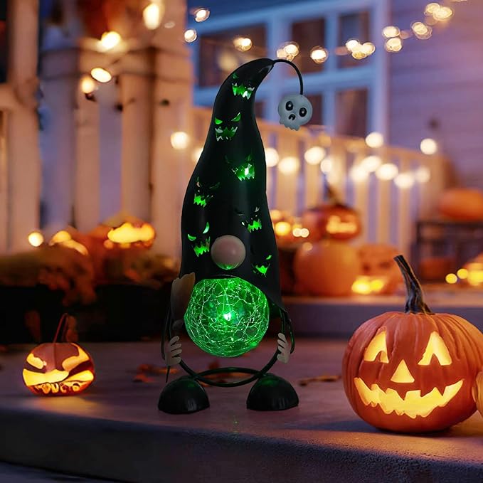 Halloween Decorations Outdoor Solar Lights Gnome, Color Changing LED Lights with Jack-O-Lantern Hollowed-Out Hat, Spooky Halloween Decor for Garden, Patio, Yard, Pathway (Black)