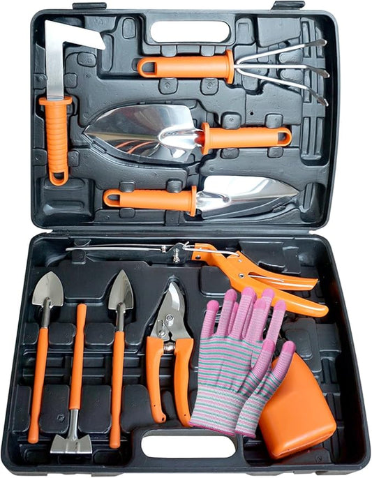 10 Pieces Gardening Tools Set, Ergonomic Handle Sprayer, Pruner,Shears,Grass Cutter,Hand Trowel,Rake,Shovel,Glove,Outdoor Garden Tools with Carrying Suitcase,Ideal Garden Tool Gifts for Women