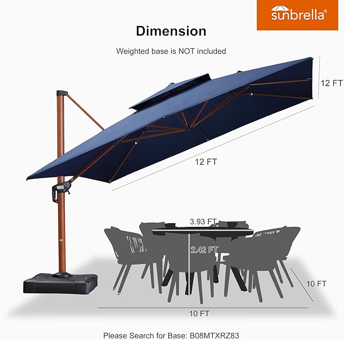 PURPLE LEAF 12' X 12' Double Top Deluxe Square Patio Umbrella - Offset Hanging Cantilever Umbrellas in Spectrum Indigo