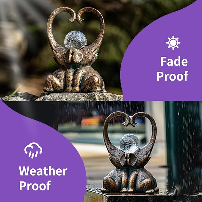 WHIMSYNOOK 7.9" Bronze Elephant Garden Statue with Heart-Shaped Trunks & Solar LED Light – Outdoor Decor for Porch, Lawn, Yard – Perfect Birthday, Housewarming Gifts for Mom and Elephant Lovers