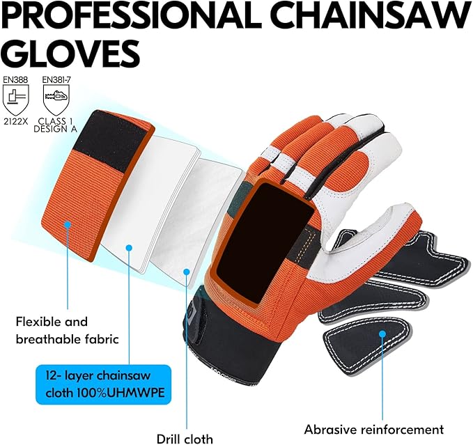 Vgo... 1Pair Chainsaw Gloves, 12-Layer Chainsaw Protection on Left Hand Back,Goat leather Work Gloves, Mechanic Gloves