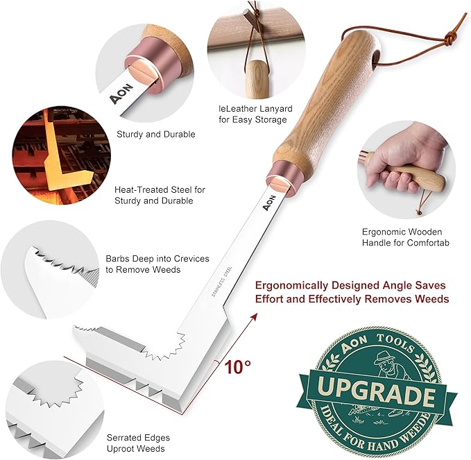 AON 2Pack Hand Crack Weeder Puller Tool Set - Made with Heat Treated Steel and Ash Wood Ergonomic Handles, Weeding Tools Ideal for Gardens and Patio Lawns to Effectively Pull Out Weeds & Their Roots.