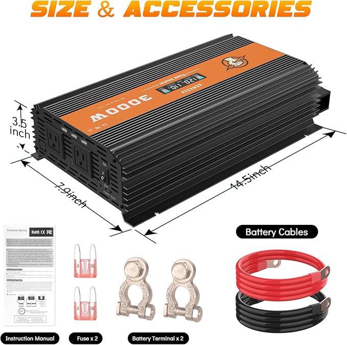 3000 Watt Power Inverter 12V to 110V, Modified Sine Wave DC to AC Car/Outdoor Converter, Dual 110V AC Outlets, 3 USB Port, LED Display for Solar, Camping, RV, Truck, Boat, Laptop and Emergencies