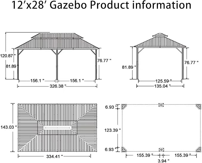 PURPLE LEAF 12' X 28' Outdoor Hardtop Gazebo Patio Wide Aluminum Frame Galvanized Steel Double Roof with Heavy Duty Netting and Curtains for Permanent Hard Top Pavilion Screen Khaki