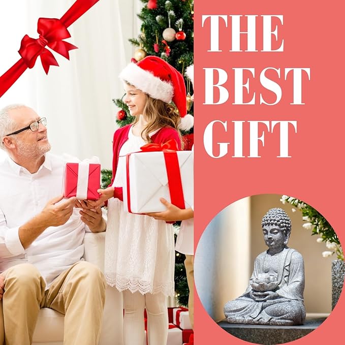 Buddha Lotus Statue with Solar Lights, Resin LED Figurine for Garden Decor – Unique Gift for Women and Friends(Grey Buddha)