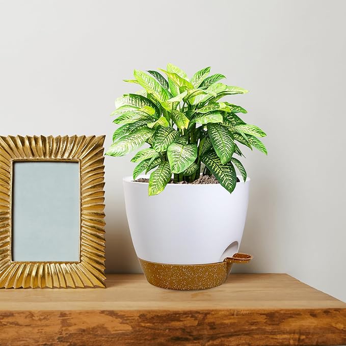 10 inch Self Watering Pots, 2 Pack Plastic Planters with Mesh Drainage Holes for Garden Plants, Plants Pots with Deep Reservoir for Indoor Outdoor Plants, White with Brown