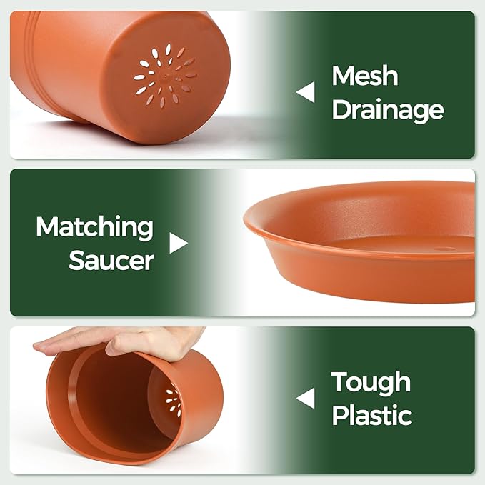 T4U 4 Inch Plant Pots 18-Pack - Small Plastic Planter with Drainage Hole and Saucer, Decorative Nursery Flower Pot Bulk for African Violet, Snake Plant, Succulent and All House Plants