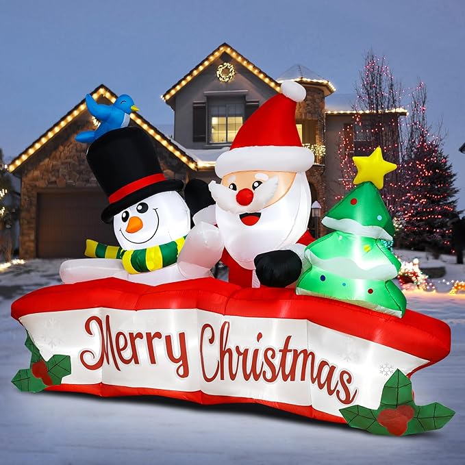 8ft Christmas Inflatables Banner Outdoor Decorations + 6ft Inflatable Snowman Santa Claus Christmas Blow Up Yard Decorations with Build-in LEDs Christmas Inflatable Decoration for Yard