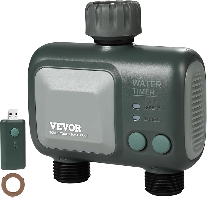 VEVOR Sprinkler Timer WiFi Water Timer, 2 Outlets, Smart Hose Faucet Water Timer with Brass Inlet, APP Remote Control via 2.4Ghz WiFi or Bluetooth, Voice Control, IPX6 for Garden, Yard Watering