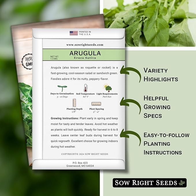 Sow Right Seeds - Arugula Seeds for Planting - Non-GMO Heirloom Seeds with Instructions to Plant a Home Vegetable Garden - Indoors, Hydroponics or Outdoors - Salad Greens - Grow Kitchen Herbs (2)