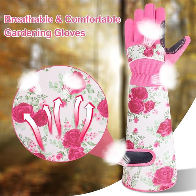 DLY Gardening Gloves for Women, Rose Gloves Gardening Thorn Proof, Long Garden Gloves for Women, Breathable & Durable Leather Gauntlet (Medium, Rose Red)