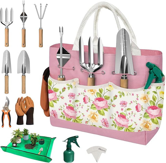 22PCS Ergonomic Garden Tools Set for Women,Heavy Duty Hand Tool Kit Included Handy Tote Bag/Trowel/Pruning Shears/Rake/Pruner/Gloves/Plant Tags,Garden Supplies Gardening Gifts for Gardeners Beginners