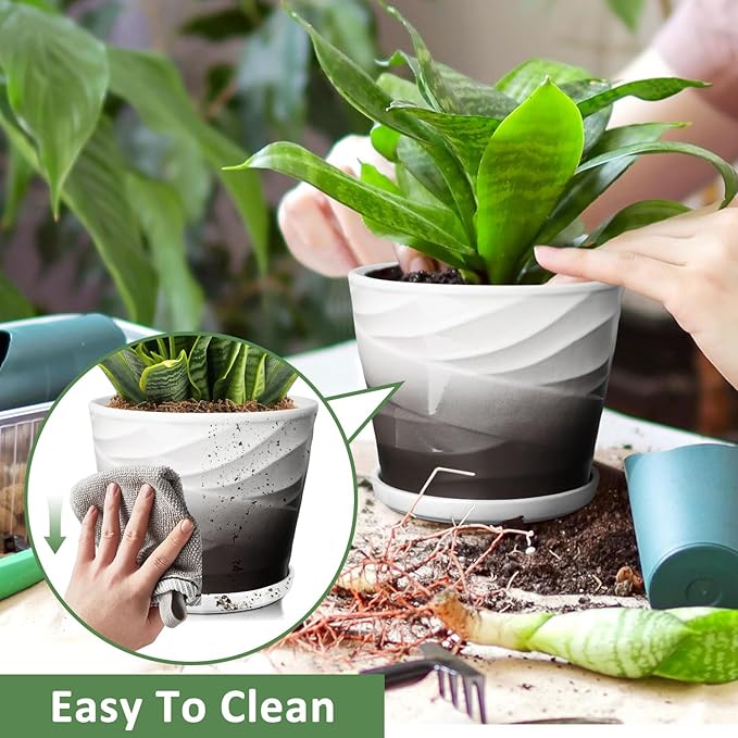 6.7 + 5.5 Inch Plant Pot, Ceramic Planter with Drainage and Saucer,Ceramic Pots for Plants, Indoor Plant pots,Ceramic Flower pots(Dark Gray+White)