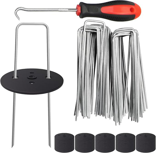 MySit 50 Pack Artificial Turf Stakes Staples with 50 Landscape Staples Gasket Caps, 6 Inch Weed Barrier Stakes for Moisture Barriers,Garden Stakes Pick Hook, Garden Ground Staples for Weed