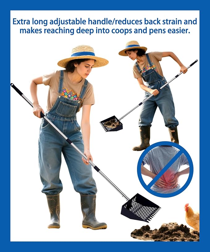Chicken Coop Scoop 2-in-1 Chicken Poop Scooper & Rake - 62" Adjustable Sand Sifting Shovel Cleaning for Chicken Coops Animal Pens, Reinforced Joint