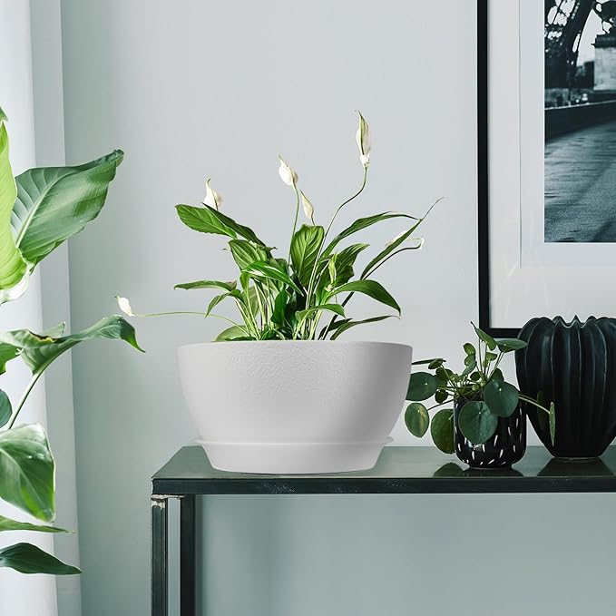 13 inch Plant Pots Pack of 2, Plastic Planter with Drainage Holes and Saucers, Plant pots for Indoor Outdoor Use, Flower Pots for All House Plants (White)