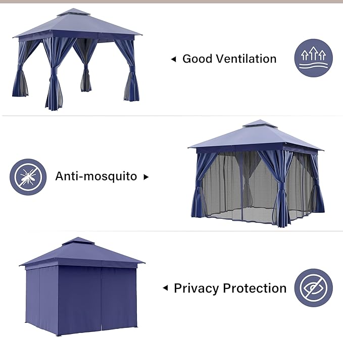 LAUSAINT HOME Outdoor Patio Gazebo 10'x10' with Expansion Bolts, Heavy Duty Gazebos Shelter Party Tent with Double Roofs, Mosquito Nettings and Privacy Screens for Backyard, Garden, Lawn, Navy Blue