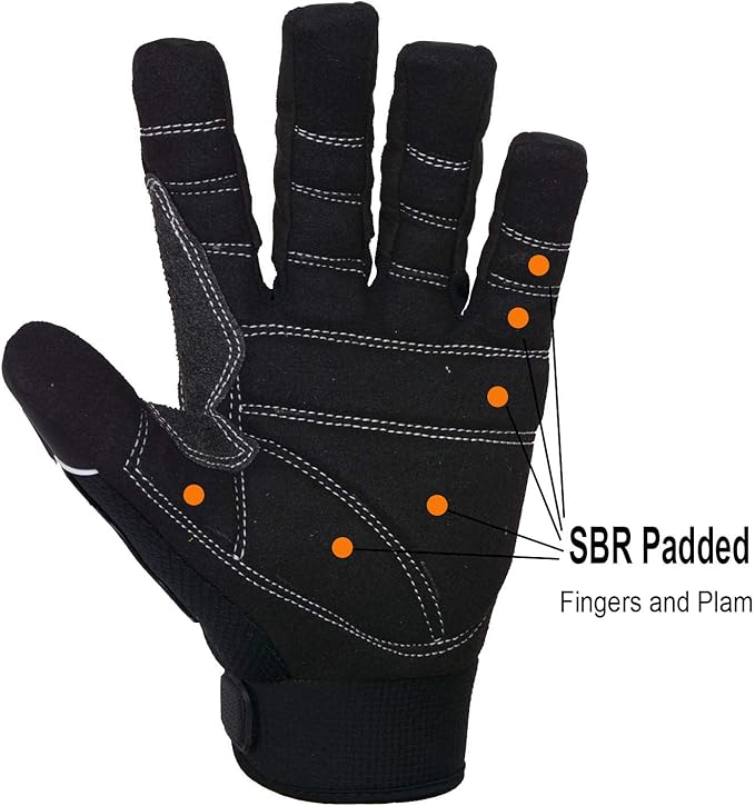 HANDLANDY Anti Vibration Gloves, SBR Padding, TPR Protector, Mechanic Work Gloves (Large, Black)