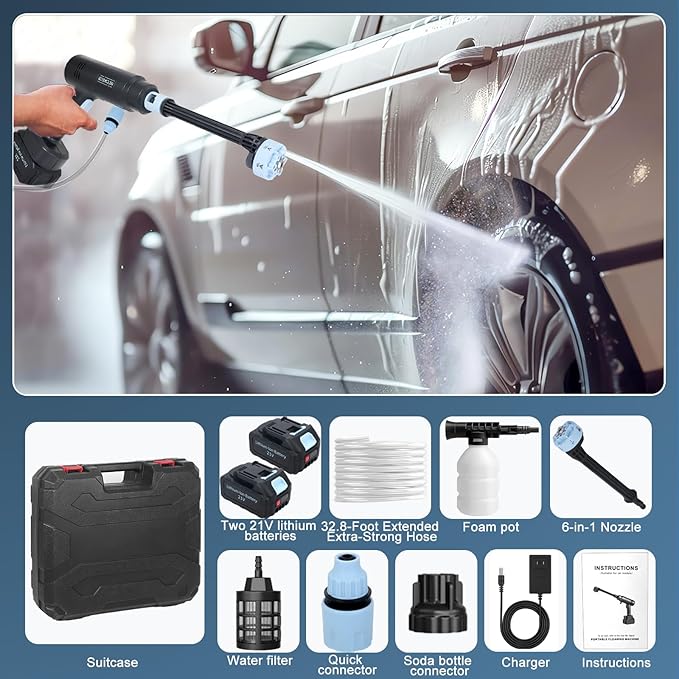 Cordless Pressure Washer Battery Powered ; 1200 PSI Battery Operated Pressure Washer with 2 1500mAh Battery&10 Meter Hose& 6-in-1 Nozzle; for Watering, Car Washing, Yard Cleaning