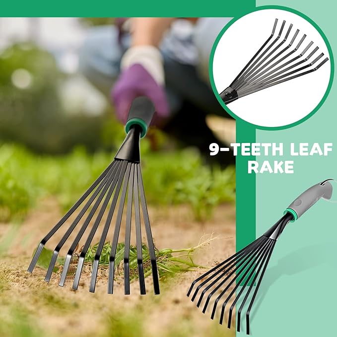 2 Pcs Gardening Hand Rake Stainless Steel Hand Tiller Small Garden Rake for Gardening Short Handle Rake with Handle Garden Tools for Cultivating Loosening Soil Spreading (Gray Green, Stylish Style)