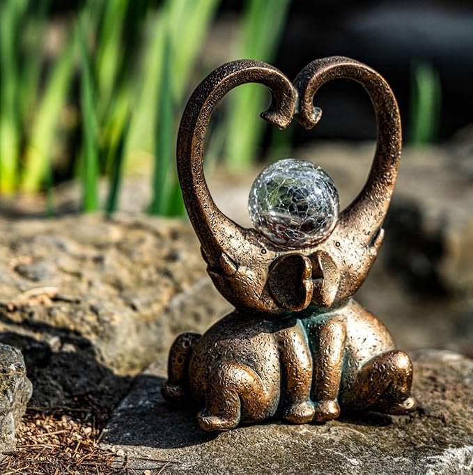 WHIMSYNOOK 7.9" Bronze Elephant Garden Statue with Heart-Shaped Trunks & Solar LED Light – Outdoor Decor for Porch, Lawn, Yard – Perfect Birthday, Housewarming Gifts for Mom and Elephant Lovers