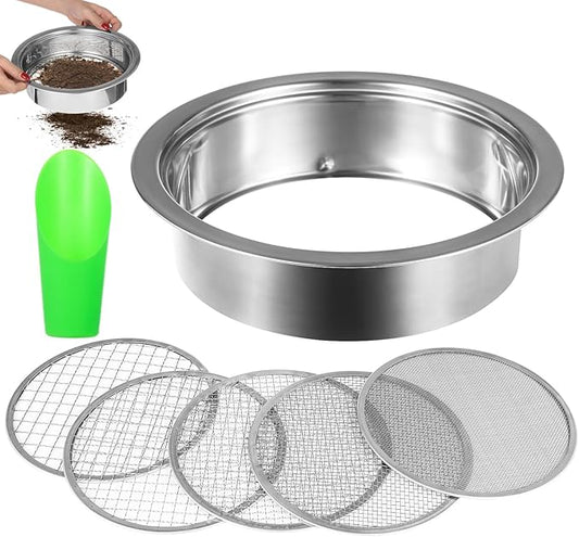 Soil Sieve Set, Garden Soil Sifter Kit, Stainless Steel Mesh Sifting Pan with 5 Sizes Sieve Meshes (0.04"-0.48") & Bonsai Soil Scoop, Garden Potting Sieve Set for Dirt, Compost