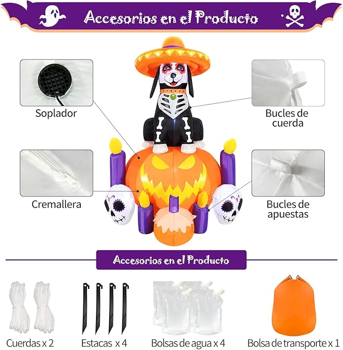 DomKom Halloween Inflatable Blow Up Decorations, Dia de Los Muertos 6FT Day of Dead Catrina Dog with Pumpkin and Candles, Built-in LEDs for Holiday Party, Garden, Lawn, Yard, Patio Décor