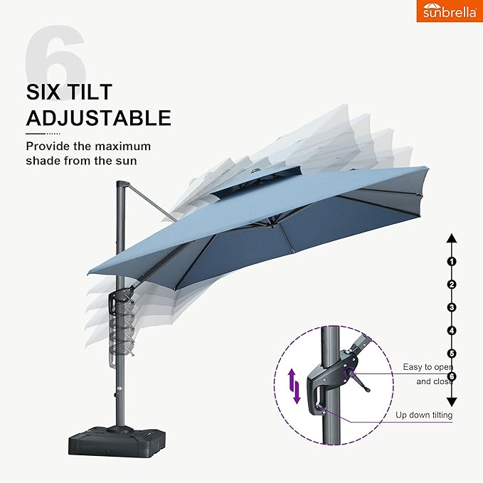 PURPLE LEAF Sunbrella Cantilever Umbrella 10FT Outdoor Double Top Large Offset Hanging 360° Rotation Heavy Duty Square Umbrella for Garden Patio Deck Pool Backyard Spectrum Denim