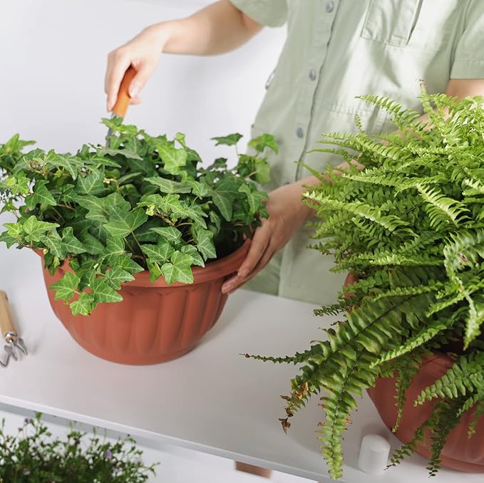 YIKUSH Hanging Planter for Indoor and Outdoor Plants 2 Pack 12 inch Flower Pot Plastic Plant Pot with Drainage Hole and Absorbing Tray(Terracotta)