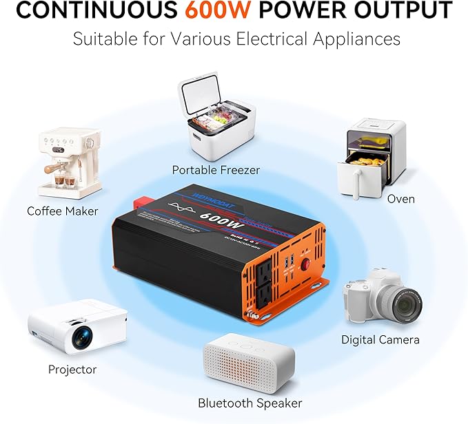 600W Pure Sine Wave Inverter, Car Power Inverter 12V to 110V, DC to AC Converter Generator with AC Outlets 3.0A USB Type-C, Remote Controller Truck Inversor for Vehicles, Car, RV, Camping