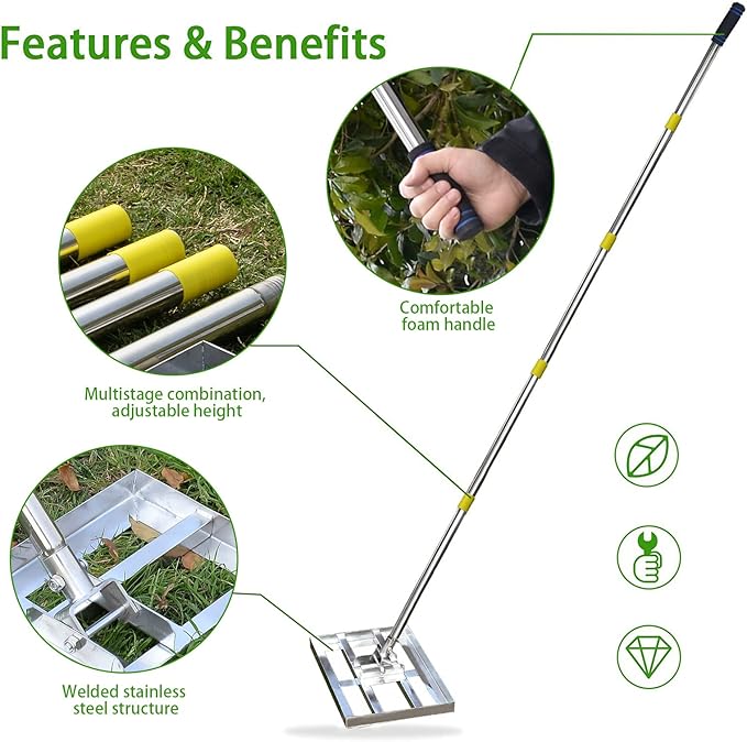 Scalebeard Lawn Leveling Rake-6 FT Level Lawn Tool/Soil Lawn Rake Stainless Steel Leveling Rake Landscape Rake with Handle for Garden Backyard Golf/Lawn(6FT,17 X10In)