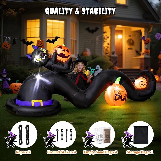 9FT Halloween Inflatable Witch Hat with Black Cat & Pumpkins, Large Blow Up Yard Decoration with 5 Built-in Lights, Cute Halloween Outdoor Inflatables for Party Garden Patio Lawn Decor