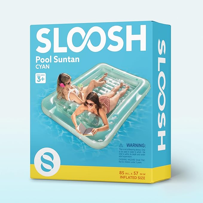 SLOOSH Inflatable Tanning Pool Lounger Float, 85" x 57" Extra Large Pool Floats Adult with Pillow, 4 in 1 Suntan Tub Raft Floatie,Sunbathing Bed Lounge for Water Blow Up Ball Pit Party Gifts, XL-Cyan