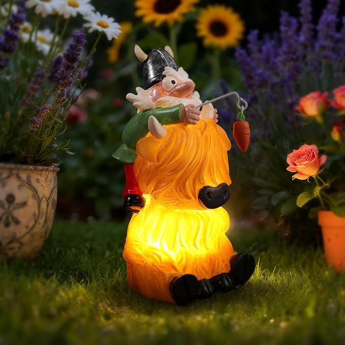 Garden Statue–Grome&Highland Cow Outdoor Decor Solar Light for Yard, Patio or Balcony–Eco-Friendly Resin Figurine Gift for Parents, Friends, Coworkers–Christmas, White Elephant, Thanksgiving, Birthday