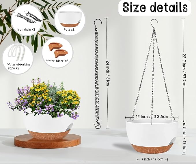 2 Pack 12 Inch Large Hanging Planters with Chains Self Watering White Brown Plastic Hanging Pots for Indoor Outdoor Plants, Garden Porch Home Decor,White Brown