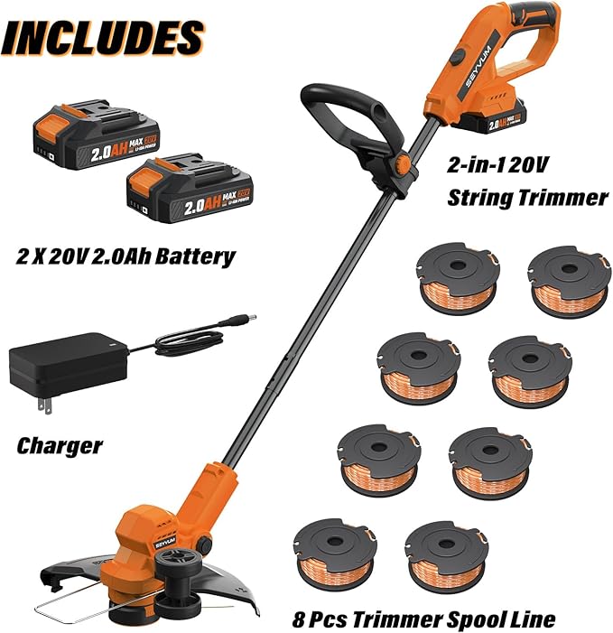 SEYVUM String Trimmer, 20V 12-inch Cordless Weed Wacker with Auto Line Feed, 2 X 2.0Ah Battery Powered Lawn Edger with 8 Pcs Grass Cutter Spool Line, Fast Charger Included, Orange
