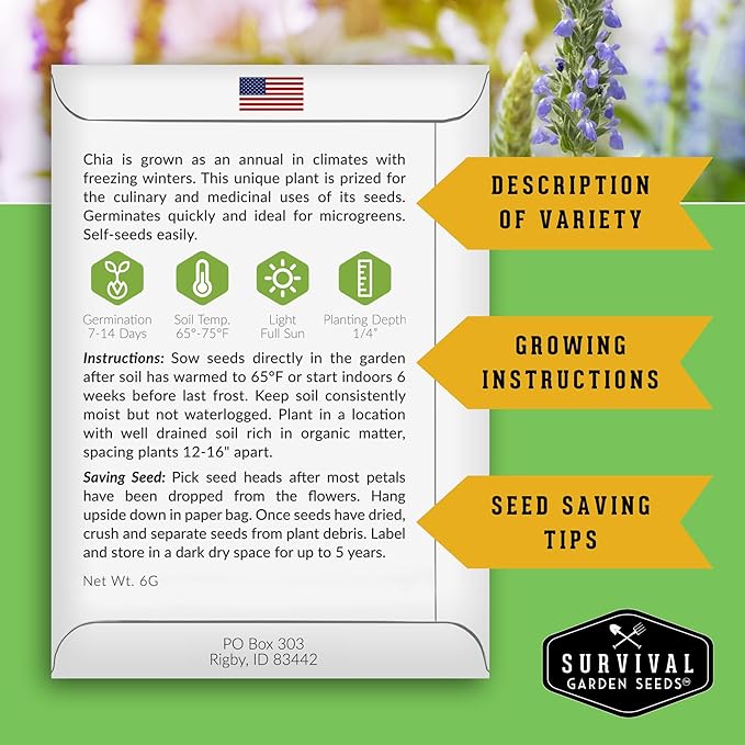 Mexican Chia Seed for Planting - 2 Packets with Instructions to Plant and Grow Mexican Chia in Your Home Vegetable Garden - Non-GMO Heirloom Variety - Survival Garden Seeds