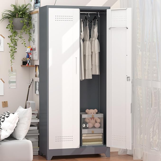 GREATMEET 72.8" Broom Storage Cabinet, Utility Cabinets for Brooms and Mops, Metal Storage Cabinets for Cleaning Supplies, Utility Closet for Garage, Grey&White